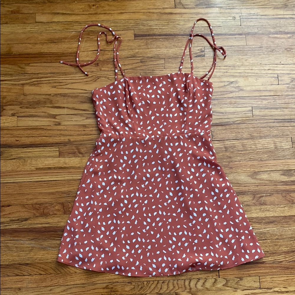 Rust Red Spaghetti Strap Dress with White Leaf Print